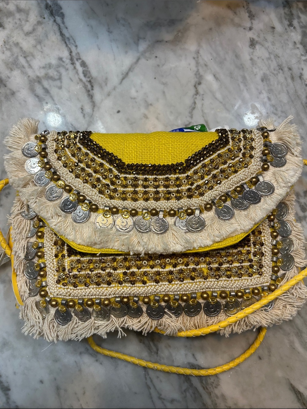 Yellow Embellished Fringe Crossbody Bag with Coin Detail